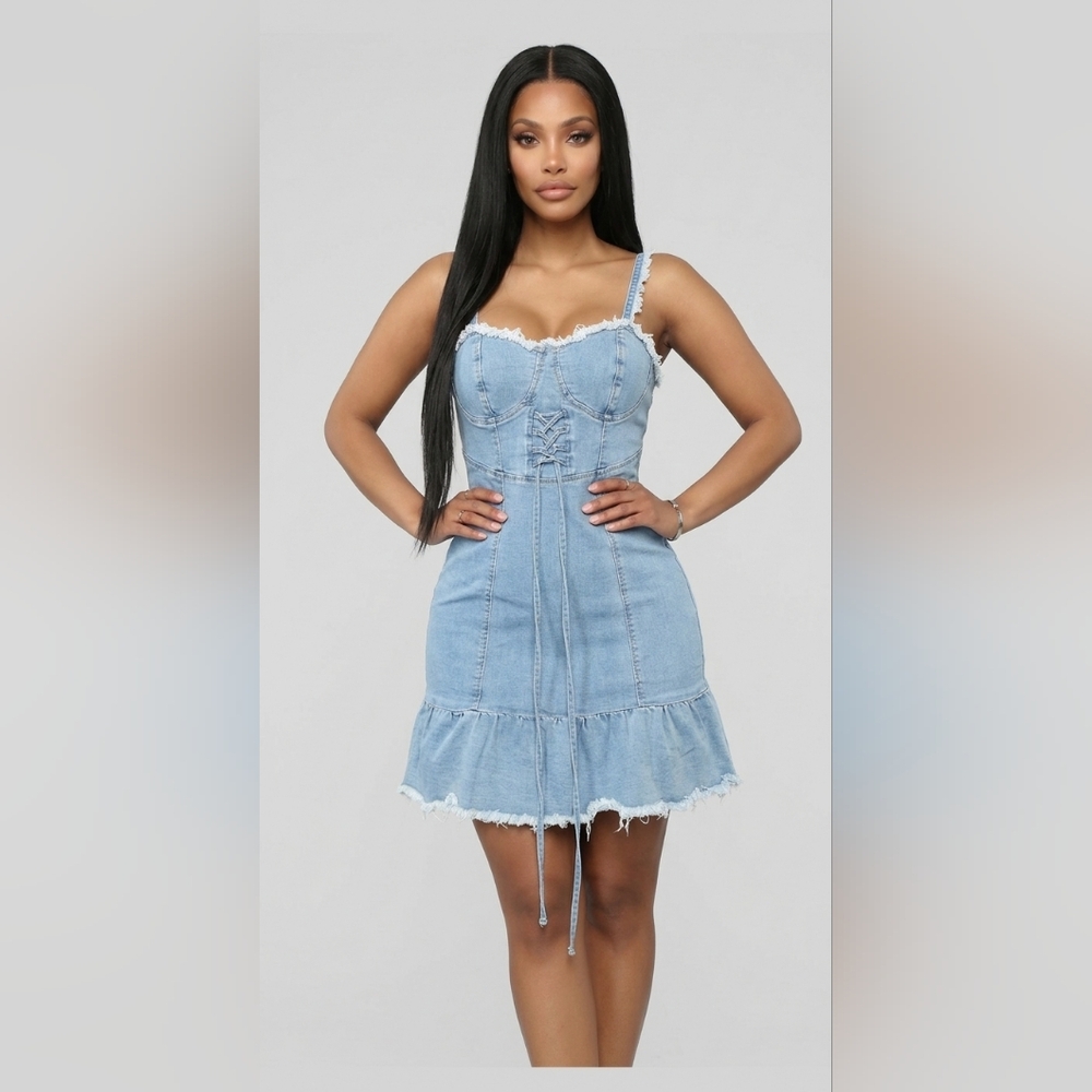 SHEIN Light Blue Denim Corset Mini Dress with Ruffle Hem
